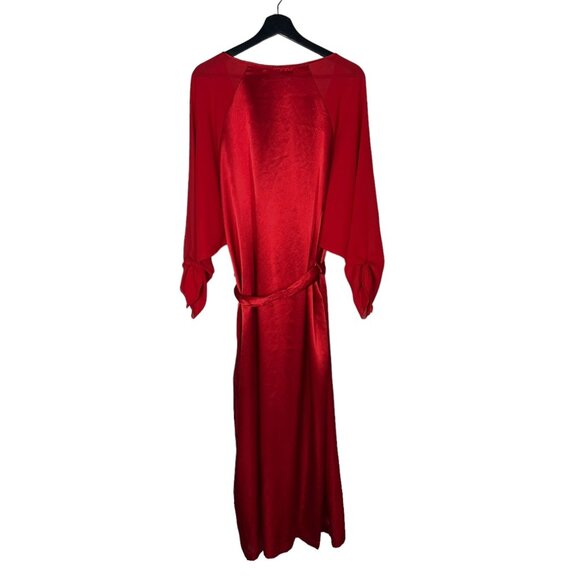 Vintage 90s Gold Label Red Satin Chiffon Long Sleeve Full Length Robe Medium Lar - Picture 4 of 8